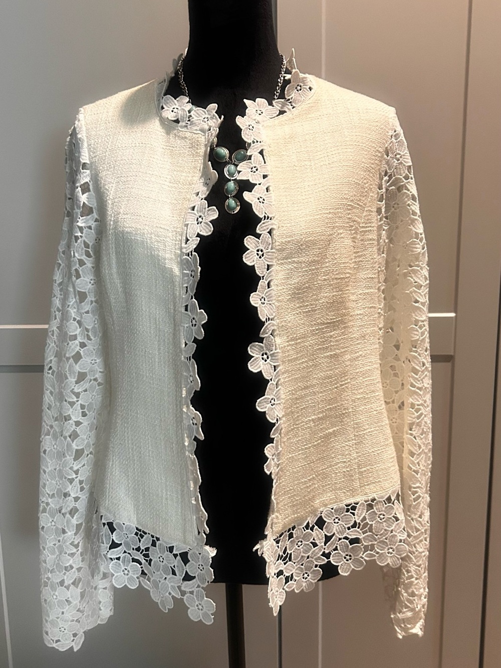Karl Lagerfeld White Lace-Trim Open Front Blazer